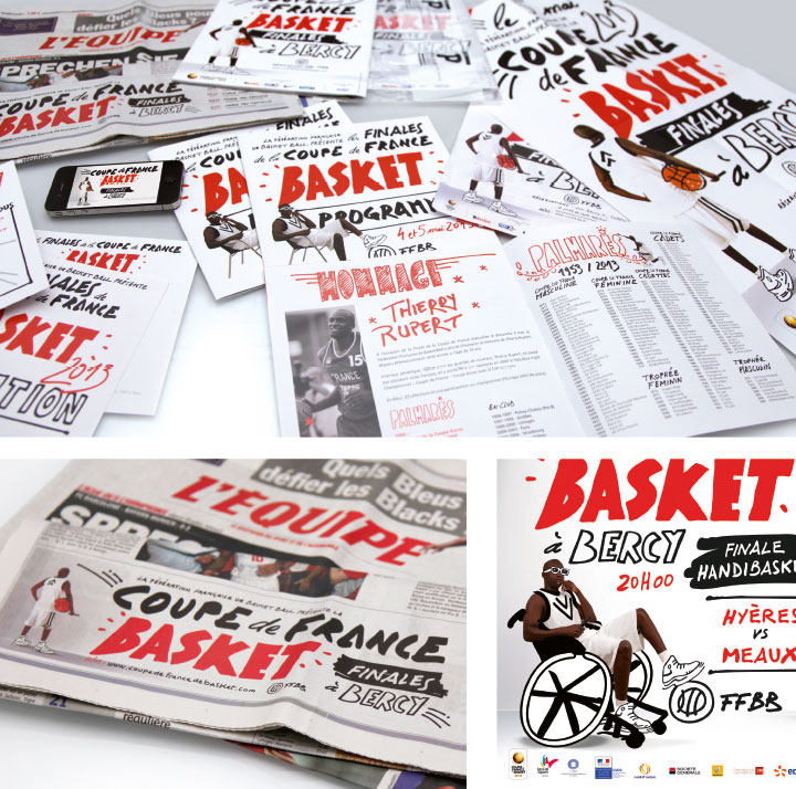Déclinaison de la campagne de basketball sur différents supports papier comme le journal des affiches des flyers