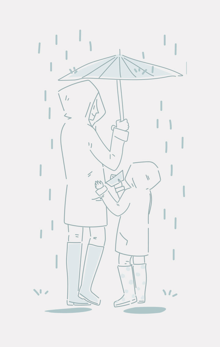 Illusration d'un père et son enfant sous un parapluie protégée de la pluie