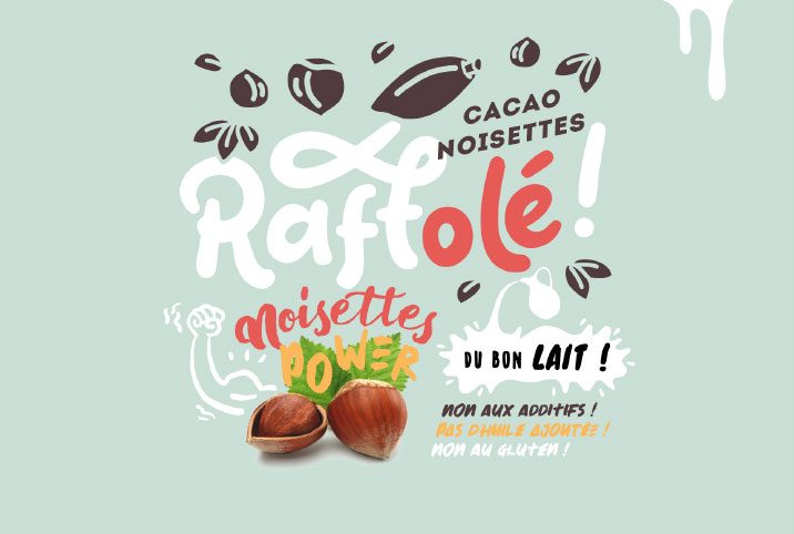 Étiquette verte de pâte à tartiner de chocolat noisettes de la marque Raffolé
