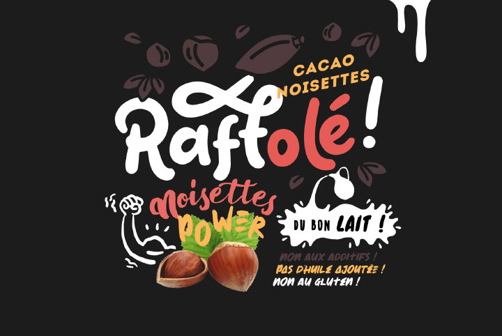 Étiquette noire de pâte à tartiner de chocolat noisettes de la marque Raffolé